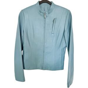 VIA SPIGA Leather Jacket Medium Teal Blue Zip Front Moto Style
